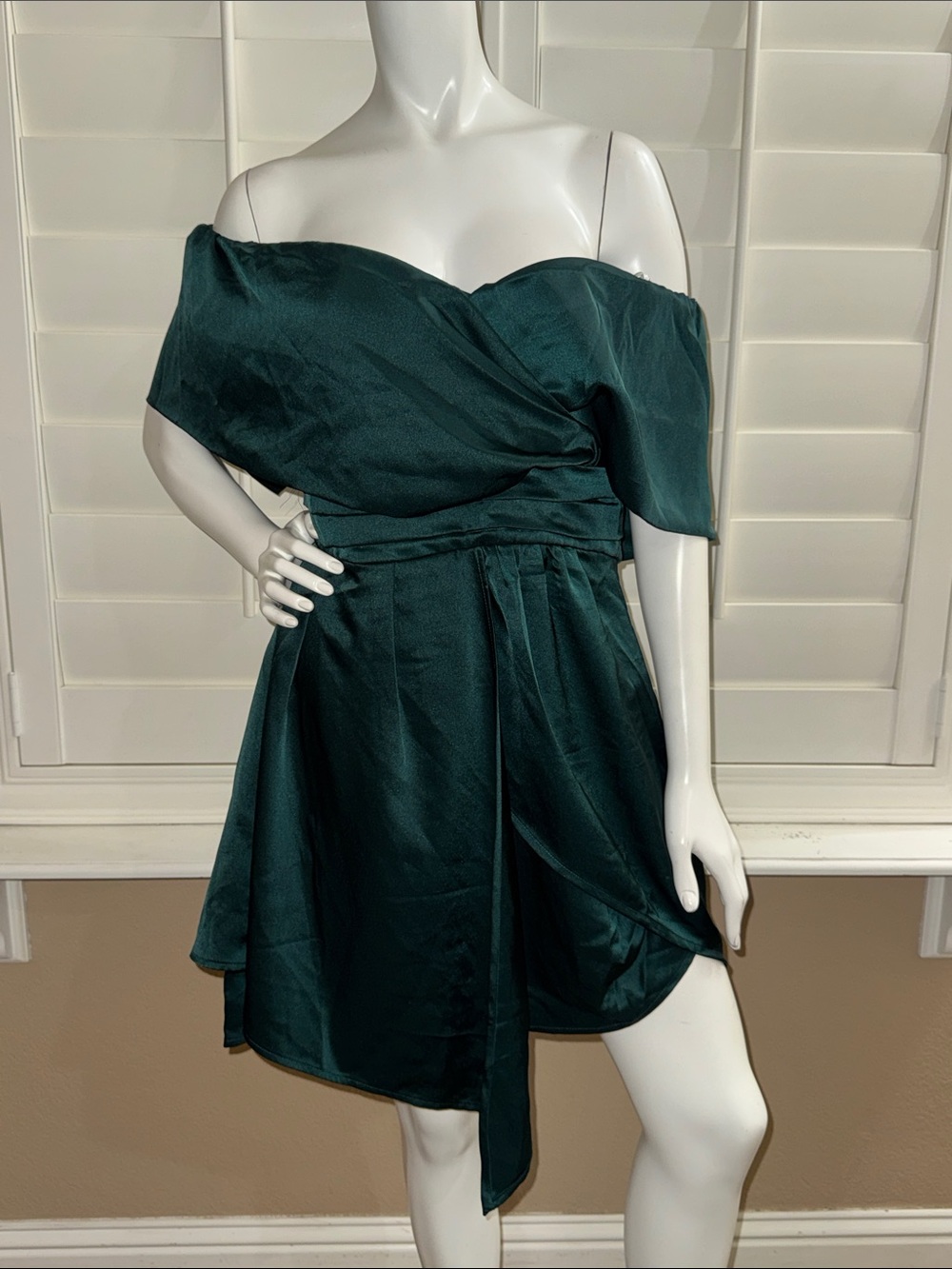 Lulus Always Celebrating Dark Green Satin Off-the-Shoulder Mini Dress